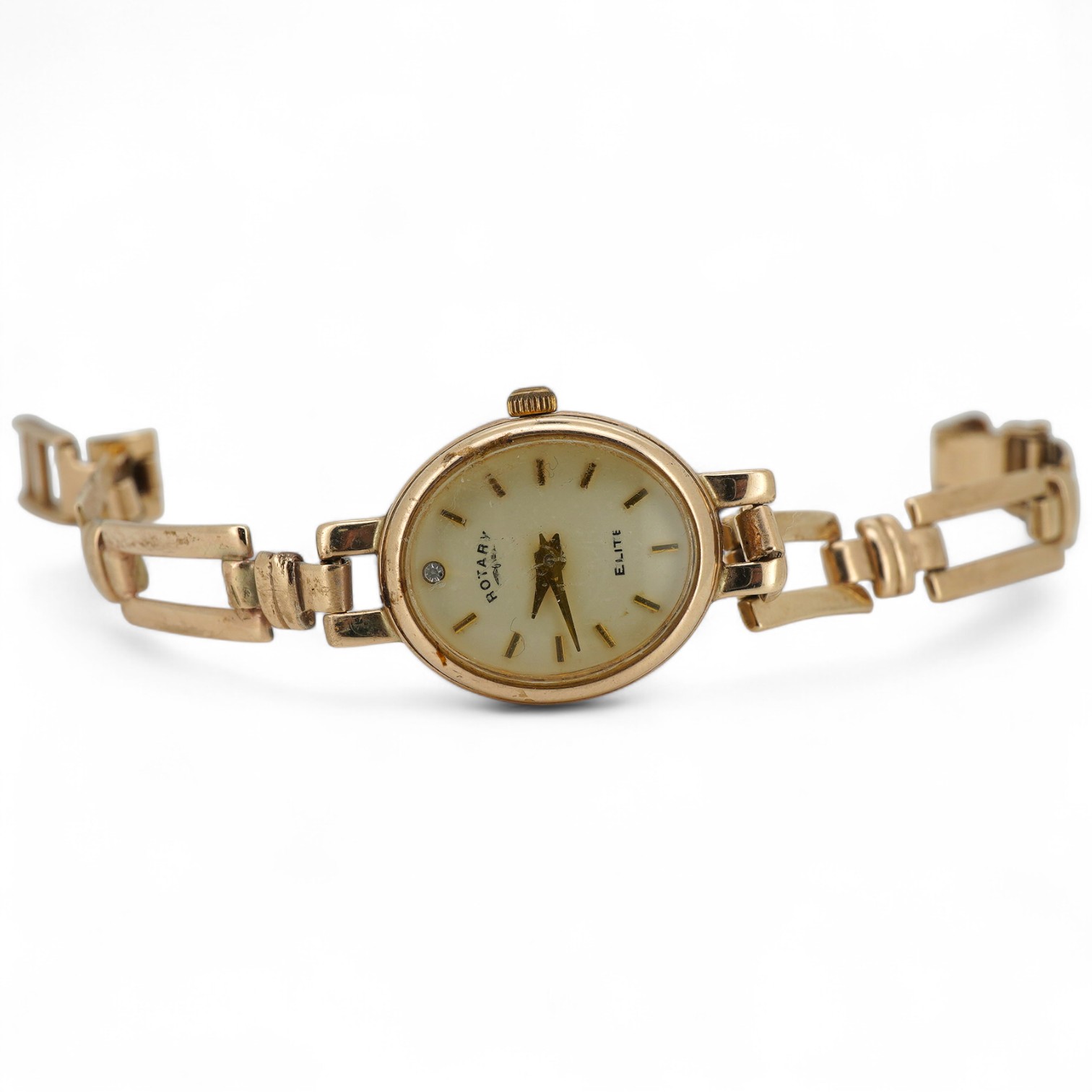 A lady's gold Rotary Elite quartz wrist watch, case width 1.6cm excluding winder, bracelet length 14.5cm, stamped 375 and 9K GOLD, European convention assay marks for 9ct gold, gross weight 12 grams